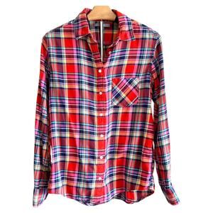 Uniqlo Womens Plaid‎ Button Up Shirt Sz M Tartan Preppy Cottage Casual Layering